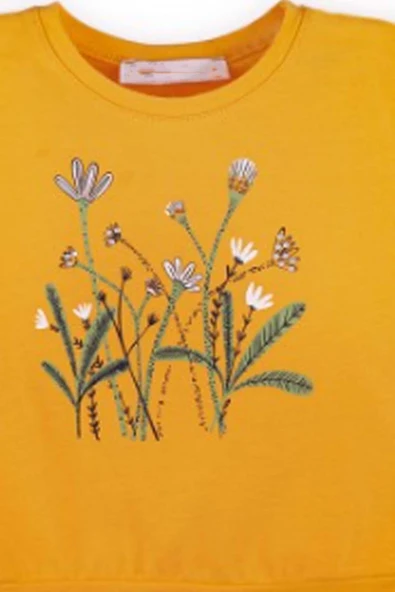 Kız Bebek Çiçek Baskılı Bisiklet Yaka Kolsuz Sarı Tişört - Resim 4