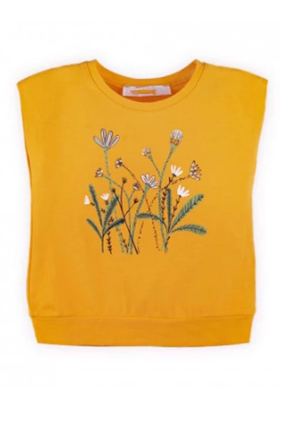 Kız Bebek Çiçek Baskılı Bisiklet Yaka Kolsuz Sarı Tişört ürün görseli