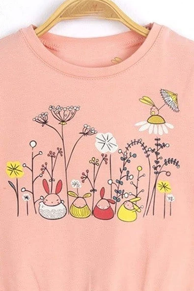 Kız Bebek Çiçek Baskılı Beli Lastikli Fırfır Detaylı Pudra Tişört - 4