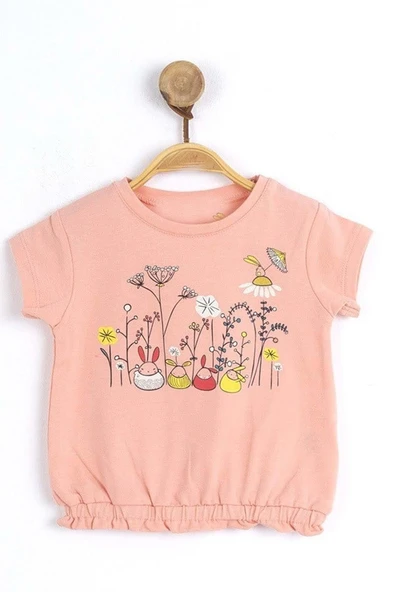 Kız Bebek Çiçek Baskılı Beli Lastikli Fırfır Detaylı Pudra Tişört - 1