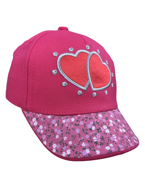 Kız Bebek Kepli Şapka Cırtlı 1-3 Yaş Ayarlanabilir İki Kalp