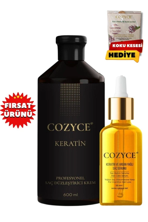 Cozyce Keratin 600 ml Saç Serumu 30 ml Keratin Sonrası Saç Bakım Seti Hediye Koku Kesesi
