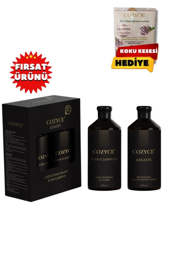 Cozyce Tuzsuz Şampuan 600 Ml + Brezilya Fönü Keratini 600 Ml Saç Düzleştirici Keratin Seti