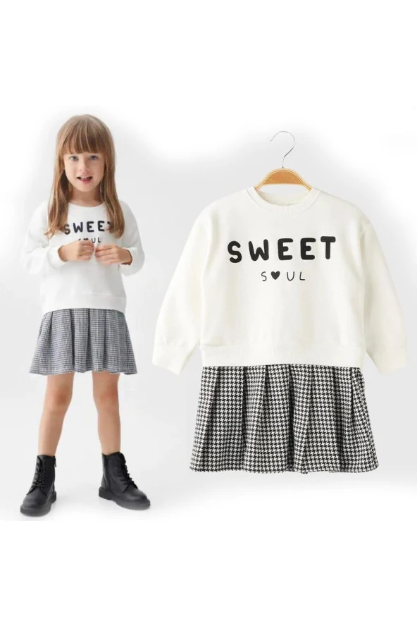 Life For Moda Kız Çocuk Sweet Baskılı Sweatshirt Piti Kare Etekli Takım 6260
