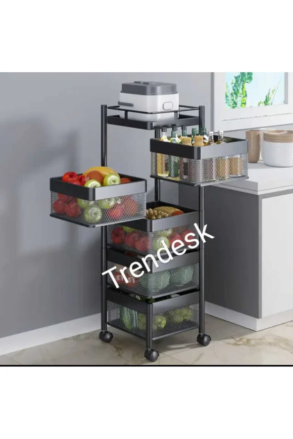 Trendesk   5 Katlı Luxx  Mat Siyah Metal Patates Soğan Sebze Meyve Sepeti Sebzelik Tekerlekli