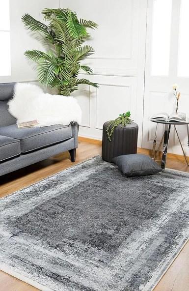 Modern Gri Dijital Baskı Yıkanabilir Hipoalerjenik Kaymaz Taban Halı Yolluk HA040 - 7