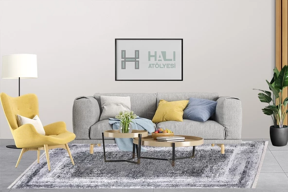 Modern Gri Dijital Baskı Yıkanabilir Hipoalerjenik Kaymaz Taban Halı Yolluk HA040 - 5