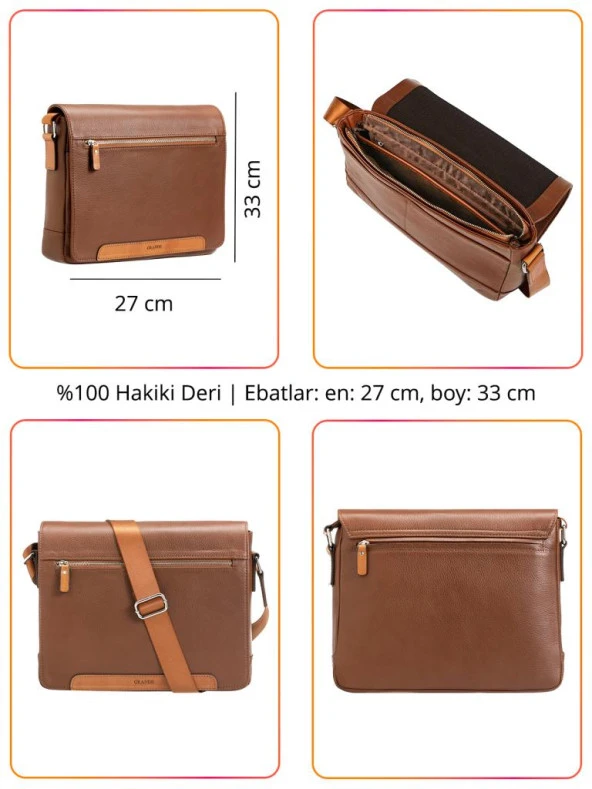 Grande Hakiki Deri Erkek Postacı Çantası Taba 4253 - Resim 2