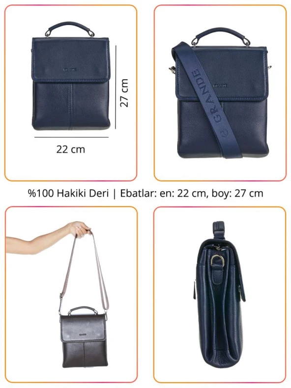 Grande Hakiki Deri Erkek Postacı Çantası Lacivert 4260 - 2
