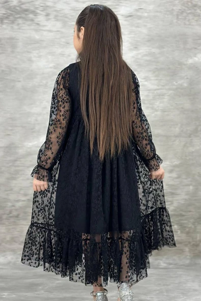 Kız Çocuk Boydan Düğmeli Dantel İşlemeli Siyah Elbise - Resim 3