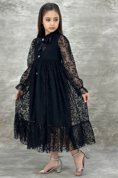 Kız Çocuk Boydan Düğmeli Dantel İşlemeli Siyah Elbise - Resim 4