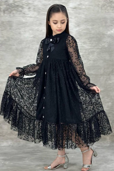 Kız Çocuk Boydan Düğmeli Dantel İşlemeli Siyah Elbise - Resim 2