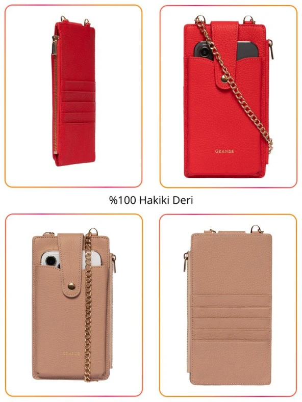 Grande Hakiki Deri Kadın Telefon Çantası Vizon 2797 - Resim 2