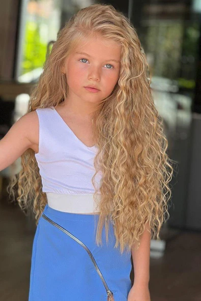 Kız Çocuk V Yaka Viskon Badi ve Fermuarlı Mavi Etekli Takım - Resim 3