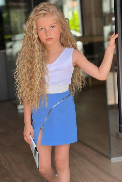 Kız Çocuk V Yaka Viskon Badi ve Fermuarlı Mavi Etekli Takım ürün görseli