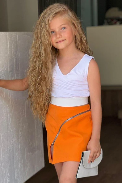 Kız Çocuk V Yaka Viskon Badi ve Fermuarlı Turuncu Etekli Takım ürün görseli