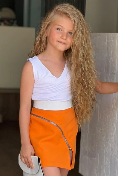 Kız Çocuk V Yaka Viskon Badi ve Fermuarlı Turuncu Etekli Takım - Resim 2