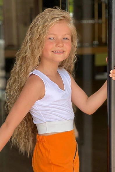 Kız Çocuk V Yaka Viskon Badi ve Fermuarlı Turuncu Etekli Takım - Resim 3