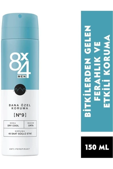 8x4 Men Deodorant Spray No.9 Dry Cool  48 Saat Güçlü Etki 150 ml
