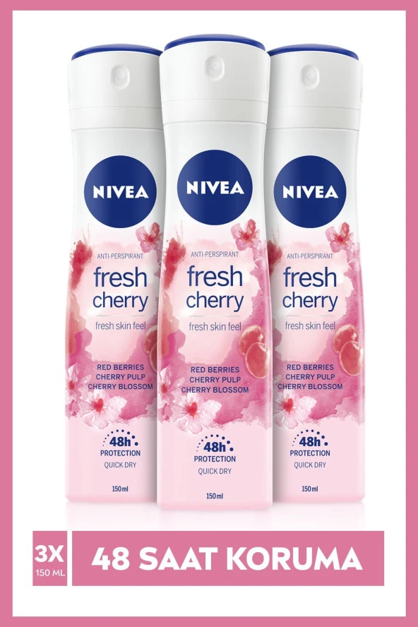 Nivea Kadın Sprey Deo. Fresh Cherry, 48 Saat Anti-perspirant Koruma 150ml (3Adet),