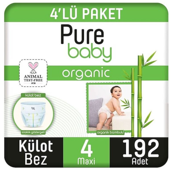 Pure Baby Organik Bambu Özlü 4 Numara Maxi 192'li Külot Bez