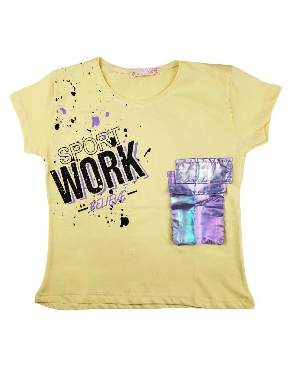 Kız Çocuk Fosforlu Cepli T-Shirt Baskılı WORK