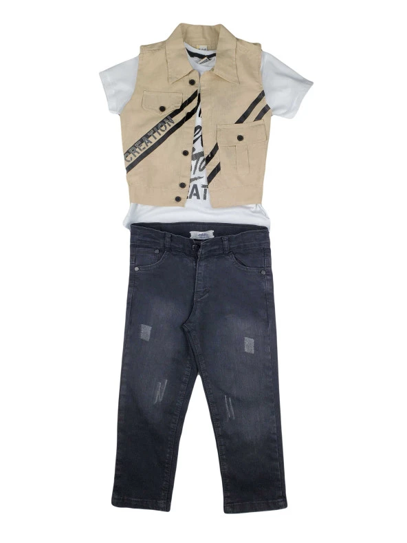 Erkek Çocuk Keten Yelek Kot Pantolon 3'lü Takım Gömlek Yaka Creation