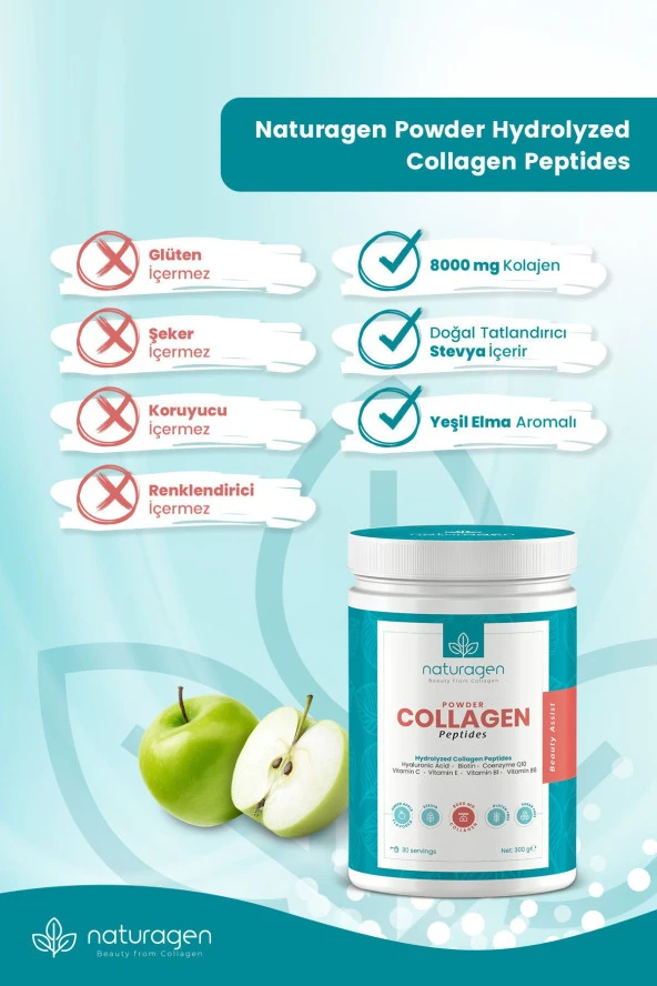 Naturagen Kolajen Powder Yeşil Elma Aromalı 300 Gr(tip 1 ,tip 3 8.000 Mg Collagen Hyaluronik Asit,vitamin C) - 3