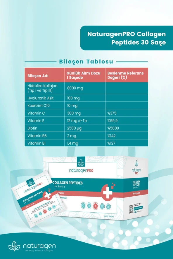 Naturagen Pro Kolajen Beauty Assist 30'lu Saşe Yeşil Elma Aromalı-tip1&tip3 -8.000mg Hidrolize Collagen Peptit - 2