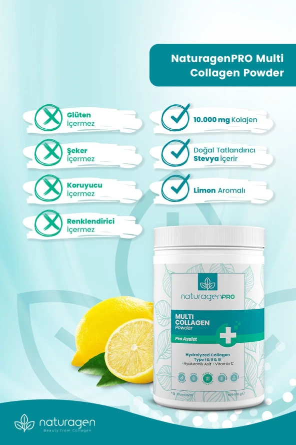 Naturagen Pro Kolajen Powder 330gr Tip 1-2-3 Limon Aromalı Hyaluronik Asit Ve C Vitaminli - 4
