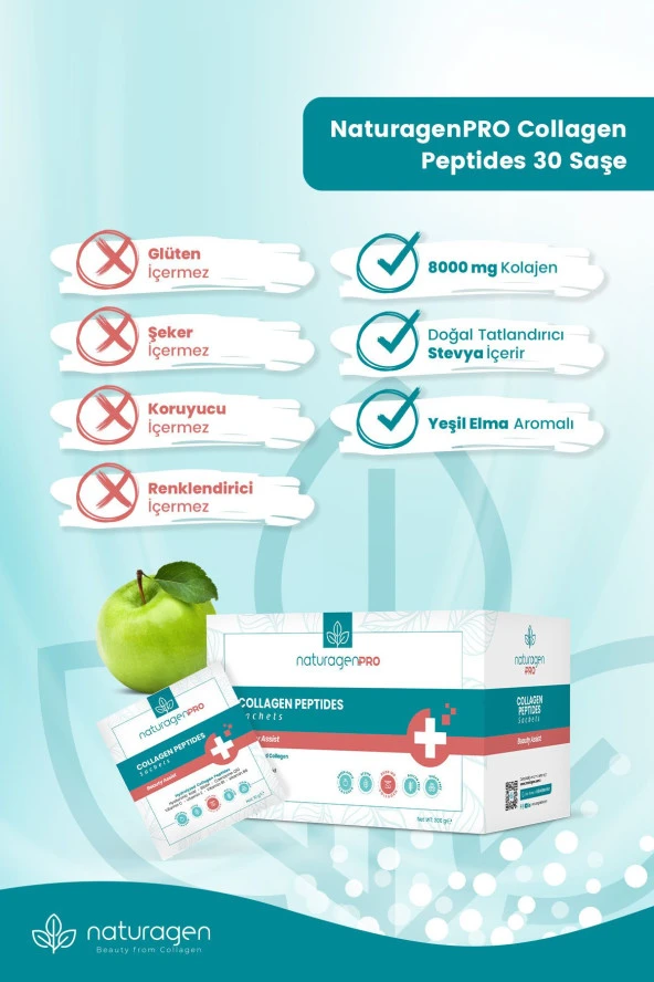 Naturagen Pro Kolajen Beauty Assist 30'lu Saşe Yeşil Elma Aromalı-tip1&tip3 -8.000mg Hidrolize Collagen Peptit - 3