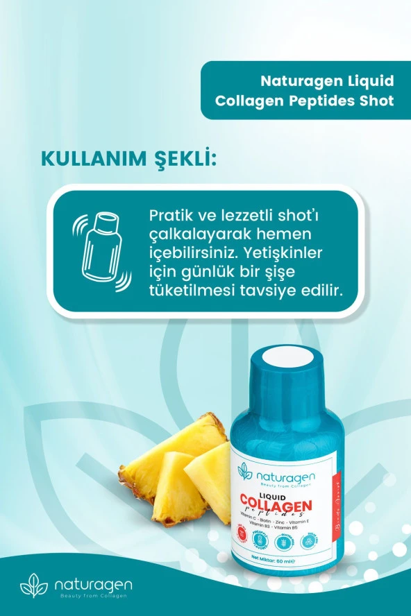 Naturagen Kolajen Ananas Aromalı Likit Collagen Shot 60 ml X12 Adet Şişe Tip 1 & Tip3 Hidrolize Sıvı Collagen - 4