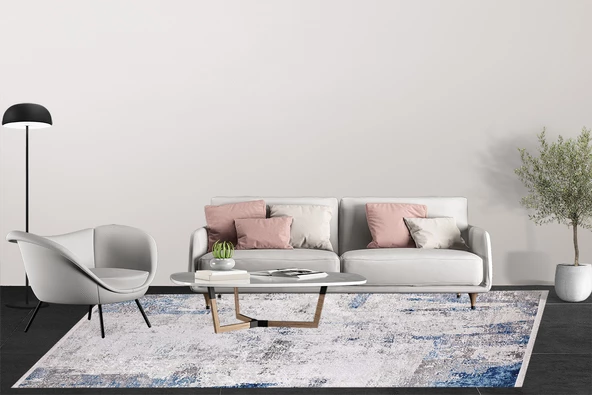 Modern Gri Mavi Desen Dijital Baskı Yıkanabilir Hipoalerjenik Kaymaz Taban Halı Yolluk HA038 - 5