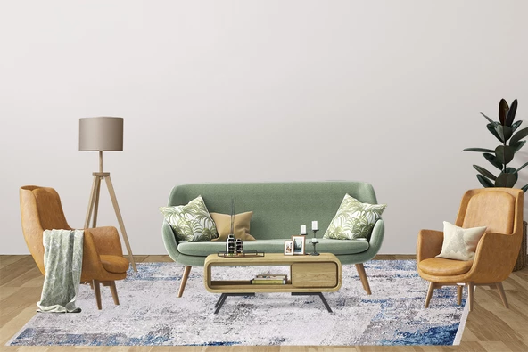 Modern Gri Mavi Desen Dijital Baskı Yıkanabilir Hipoalerjenik Kaymaz Taban Halı Yolluk HA038 - 4