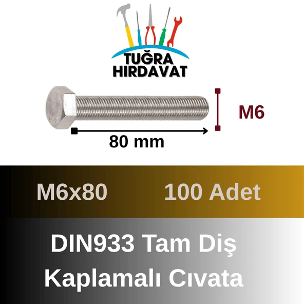 Çelik Cıvata 6X80 DIN933 Beyaz 100 Adet 8.8 Altıköşe - Resim 2