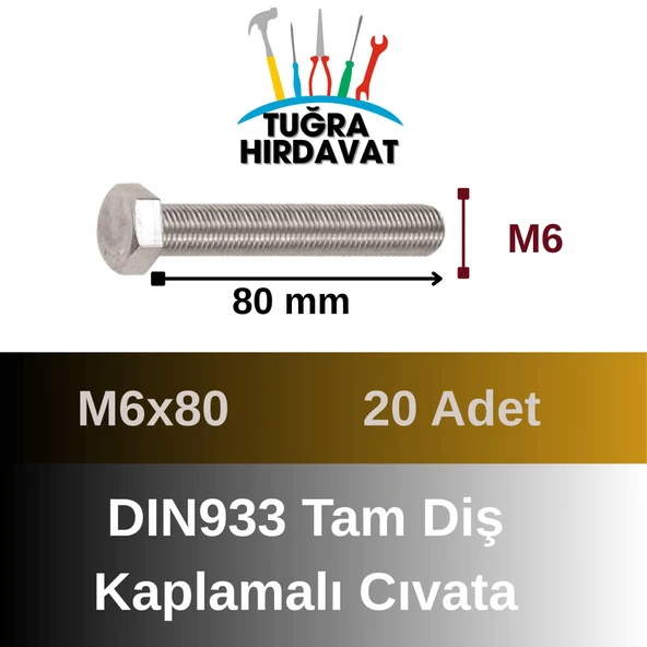 Çelik Cıvata 6X80 DIN933 Beyaz 20 Adet 8.8 Altıköşe - Resim 2