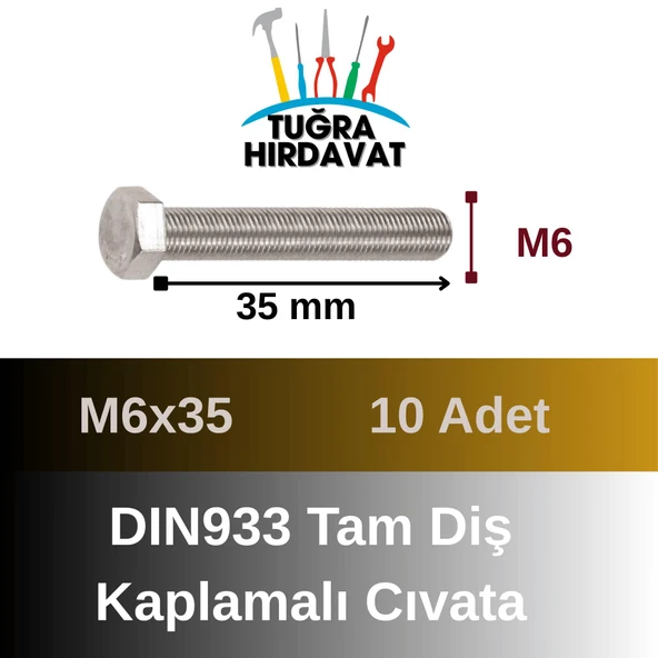 Çelik Cıvata 6X35 DIN933 Beyaz 10 Adet 8.8 Altıköşe - 2