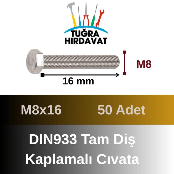 Çelik Cıvata 8X16 DIN933 Beyaz 50 Adet 8.8 Altıköşe - 2