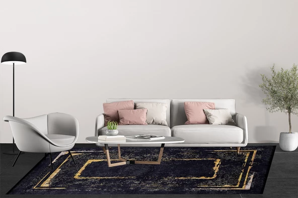 Modern Siyah Altın Çerçeve Dijital Baskı Yıkanabilir Hipoalerjenik Kaymaz Taban Halı Yolluk - Resim 6