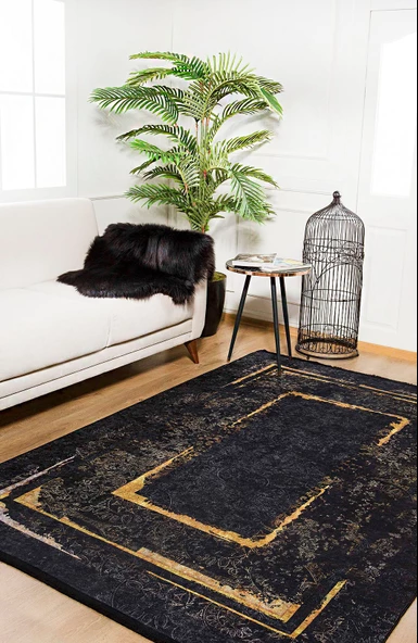 Modern Siyah Altın Çerçeve Dijital Baskı Yıkanabilir Hipoalerjenik Kaymaz Taban Halı Yolluk - Resim 7