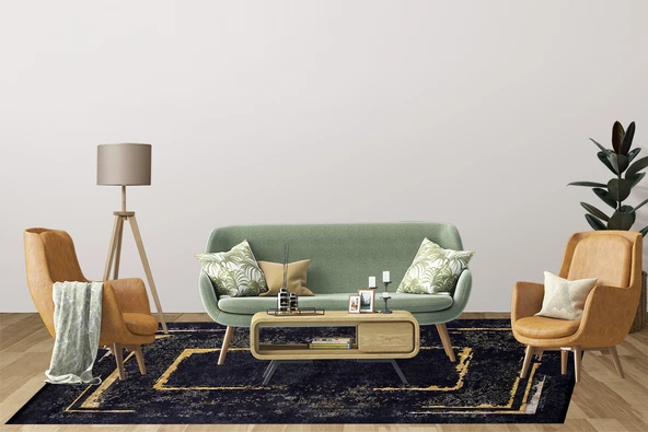 Modern Siyah Altın Çerçeve Dijital Baskı Yıkanabilir Hipoalerjenik Kaymaz Taban Halı Yolluk - Resim 4