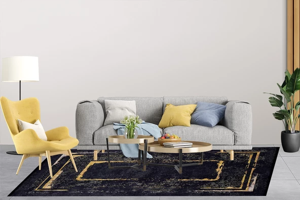 Modern Siyah Altın Çerçeve Dijital Baskı Yıkanabilir Hipoalerjenik Kaymaz Taban Halı Yolluk - Resim 5