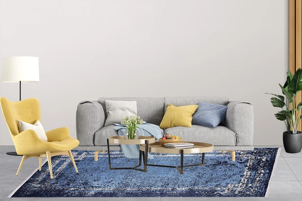 Modern Mavi Dijital Baskı Yıkanabilir Hipoalerjenik Kaymaz Taban Halı Yolluk HA060 - 4