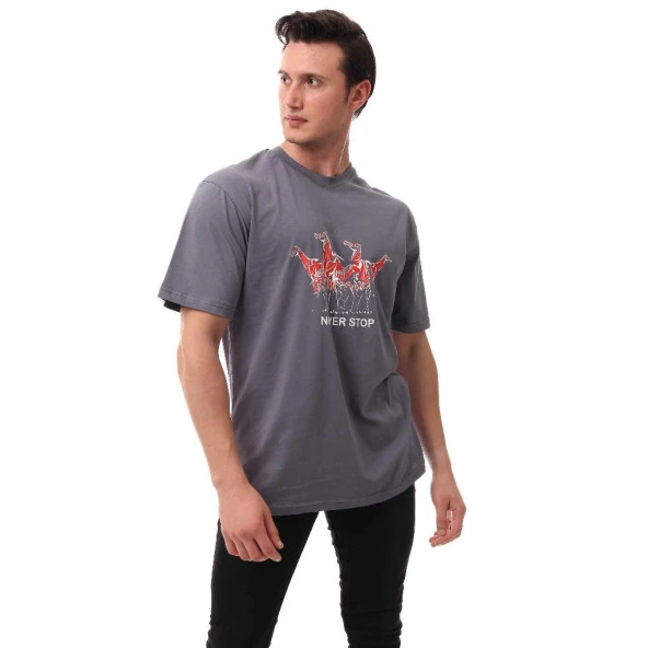 Never Stop Oversize Basic Erkek T-shirt Füme 5001