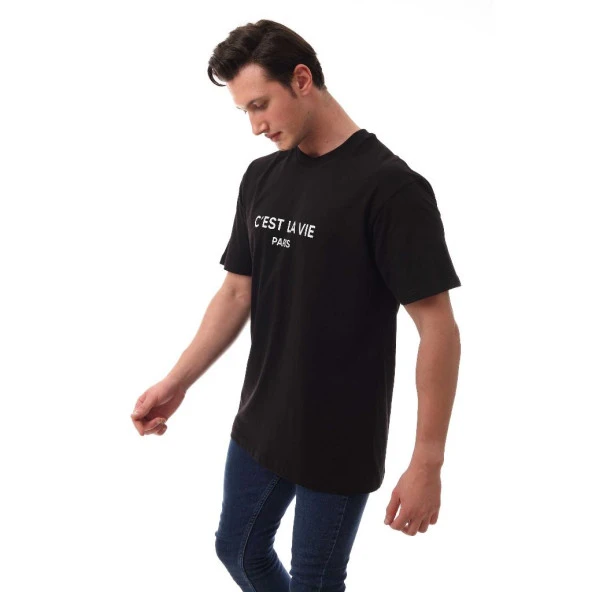 Paris Oversize Basic Erkek T-shirt Siyah 5004