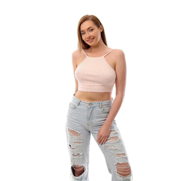 Fitilli Arkadan Bağlamalı Kemerli Crop Top Büstiyer Somon 40300