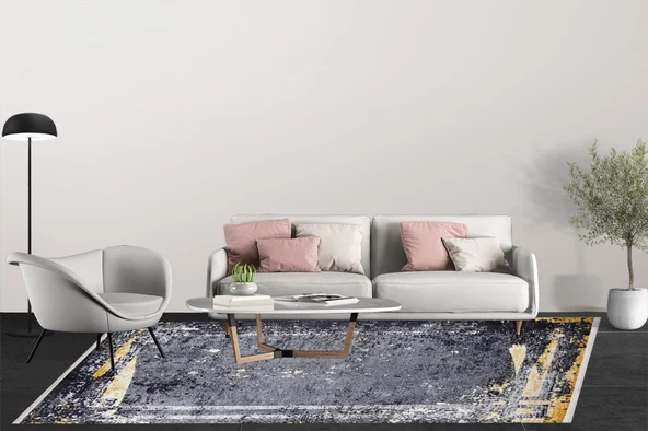 Modern Antrasit Dijital Baskı Yıkanabilir Hipoalerjenik Kaymaz Taban Halı Yolluk - 5
