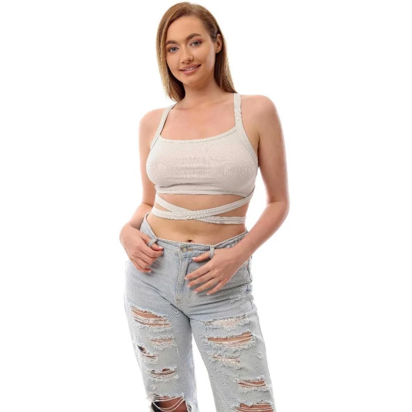 Fitilli Çapraz Bağlamalı Crop Top Büstiyer Taş 35400