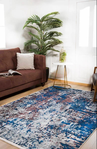 Modern Mavi Dijital Baskı Yıkanabilir Hipoalerjenik Kaymaz Taban Halı Yolluk HA069 - 3