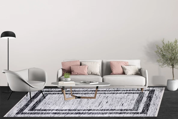 Modern Gri Çerçeveli Dijital Baskı Yıkanabilir Hipoalerjenik Kaymaz Taban Halı Yolluk HA074 - 5